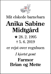 Dødsannoncen for Anika Sabine Midtgård - Bedsted