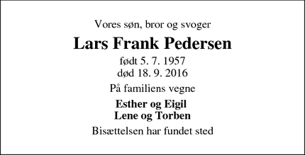 Dødsannoncen for Lars Frank Pedersen - Randers