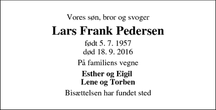 Dødsannoncen for Lars Frank Pedersen - Randers