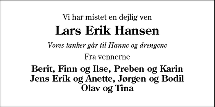 Dødsannoncen for Lars Erik Hansen - Sønderborg