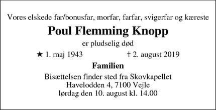 Dødsannoncen for Poul Flemming Knopp - 8000