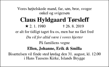 Dødsannoncen for Claus Hyldgaard Tørsleff - København
