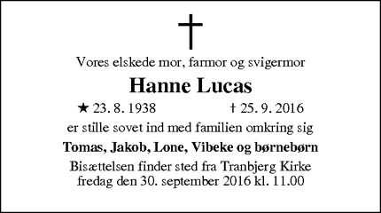 Dødsannoncen for Hanne Lucas - Tranbjerg