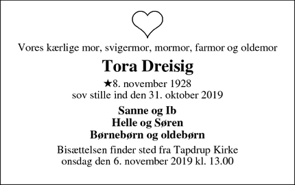 Dødsannoncen for Tora Dreisig - Randers