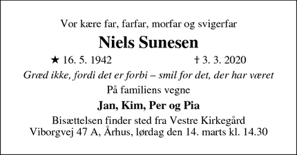 Dødsannoncen for Niels Sunesen - Risskov