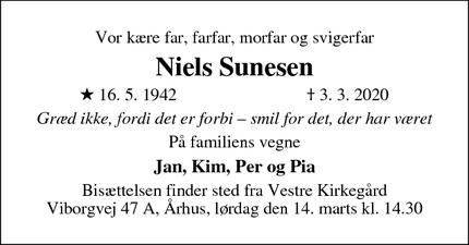Dødsannoncen for Niels Sunesen - Risskov