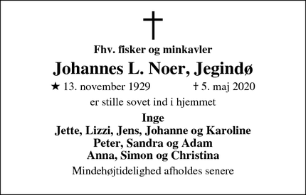 Dødsannoncen for Johannes L. Noer, Jegindø - Jegind