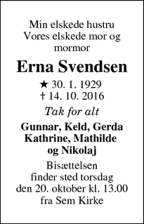 Dødsannoncen for Erna Svendsen - Sem