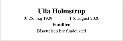 Dødsannoncen for Ulla Holmstrup - Hammel