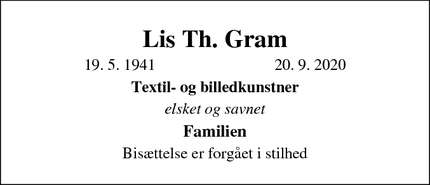 Dødsannoncen for Lis Th. Gram - Egå