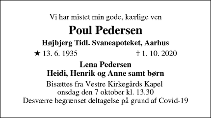 Dødsannoncen for Poul Pedersen - Viby J