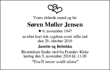 Dødsannoncen for  Søren Møller Jensen - Framlev