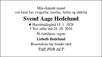 Dødsannoncen for Svend Aage Hedelund - Værum - 8940 Randers