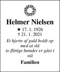 Dødsannoncen for Helmer Nielsen - Hareskovens 