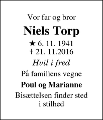 Dødsannoncen for Niels Torp - Brøndby Strand, Danmark