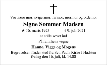Dødsannoncen for Signe Sommer Madsen - Hadsten