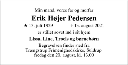 Dødsannoncen for Erik Højer Pedersen - Viborg