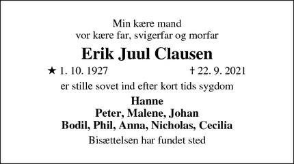 Dødsannoncen for Erik Juul Clausen - Lystrup