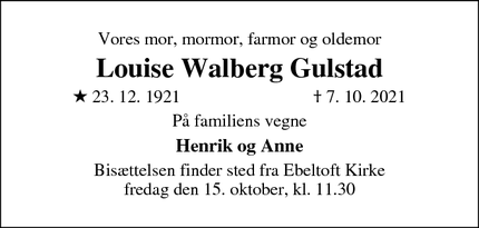Dødsannoncen for Louise Walberg Gulstad - Ebeltoft
