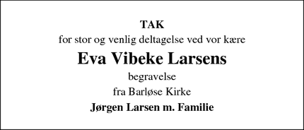 Dødsannoncen for Eva Vibeke Larsens - Assens