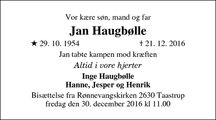 Dødsannoncen for Jan Haugbølle - Taastrup