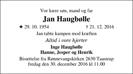 Dødsannoncen for Jan Haugbølle - Taastrup