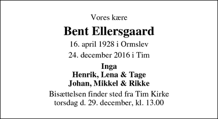 Dødsannoncen for Bent Ellersgaard - Tim