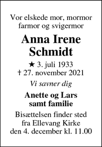 Dødsannoncen for Anna Irene Schmidt - Risskov