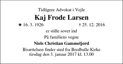 Dødsannoncen for Kaj Frode Larsen - Vejle