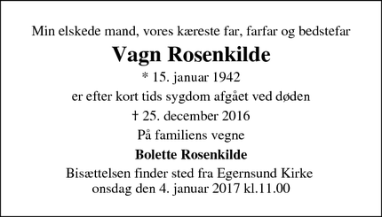 Dødsannoncen for Vagn Rosenkilde - Egernsund, Danmark
