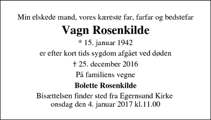 Dødsannoncen for Vagn Rosenkilde - Egernsund, Danmark