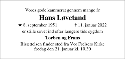 Dødsannoncen for Hans Løvetand - København