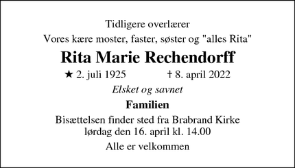 Dødsannoncen for Rita Marie Rechendorff - Randers c