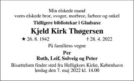 Dødsannoncen for Kjeld Kirk Thøgersen - Korsgade 5-4.tv., 2200 København N