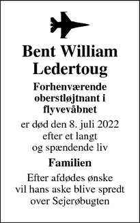 Dødsannoncen for Bent William Ledertoug - Aarhus V
