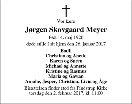 Dødsannoncen for Jørgen Skovgaard Meyer - Pindstrup