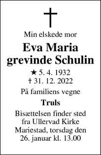 Dødsannoncen for Eva Maria grevinde Schulin - Mariestad, Sverige