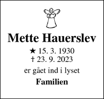 Dødsannoncen for Mette Hauerslev - Odense M