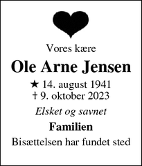 Dødsannoncen for Ole Arne Jensen - Vejle