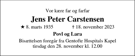 Dødsannoncen for Jens Peter Carstensen - København N.