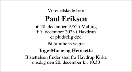 Dødsannoncen for Paul Eriksen - Havdrup