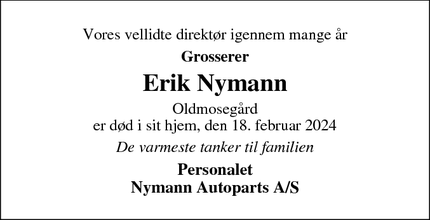 Dødsannoncen for Erik Nymann - Kolind