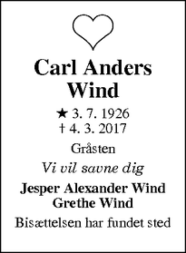 Dødsannoncen for Carl Anders Wind - Gråsten