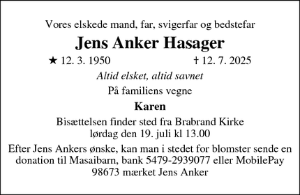 Dødsannoncen for Jens Anker Hasager - Brabrand
