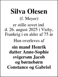Dødsannoncen for Silva Olesen - Chantelle, Frankrig