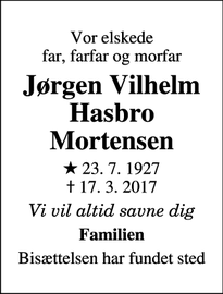 Dødsannoncen for Jørgen Vilhelm Hasbro Mortensen - Silkeborg