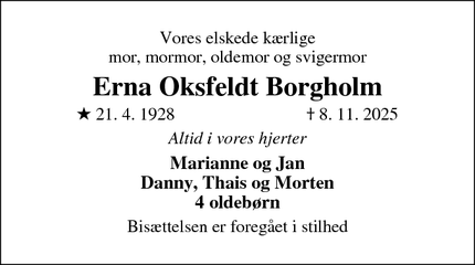 Dødsannoncen for Erna Oksfeldt Borgholm - Højbjerg, Aarhus 