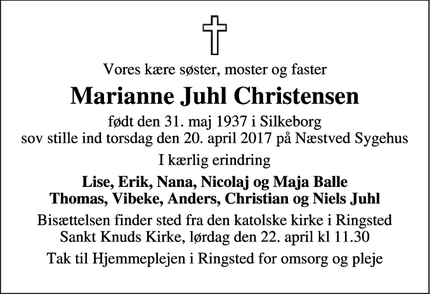 Dødsannoncen for Marianne Juhl Christensen - Ringsted