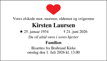 Dødsannoncen for Kirsten Laursen - Nyrnberggade 2A, København S