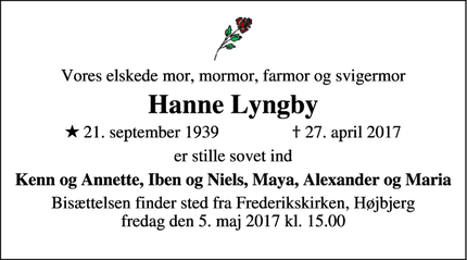 Dødsannoncen for Hanne Lyngby - Højbjerg